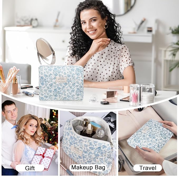 Large Makeup Bag, Cute Cosmetic Bag for Women Girls, Floral Coquette Aesthetic Toiletry Bag, Travel Make Up Organizer Bag(Blue Floral)
