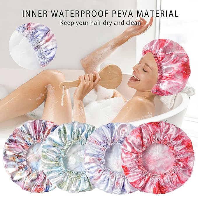 4 PCS Shower Caps for Women, 3D Printing Bath Caps, Double Layers Shower Cap Reusable Waterproof, Bathing Shower Caps, Environmental Protection Hair Bath Hat - Flower
