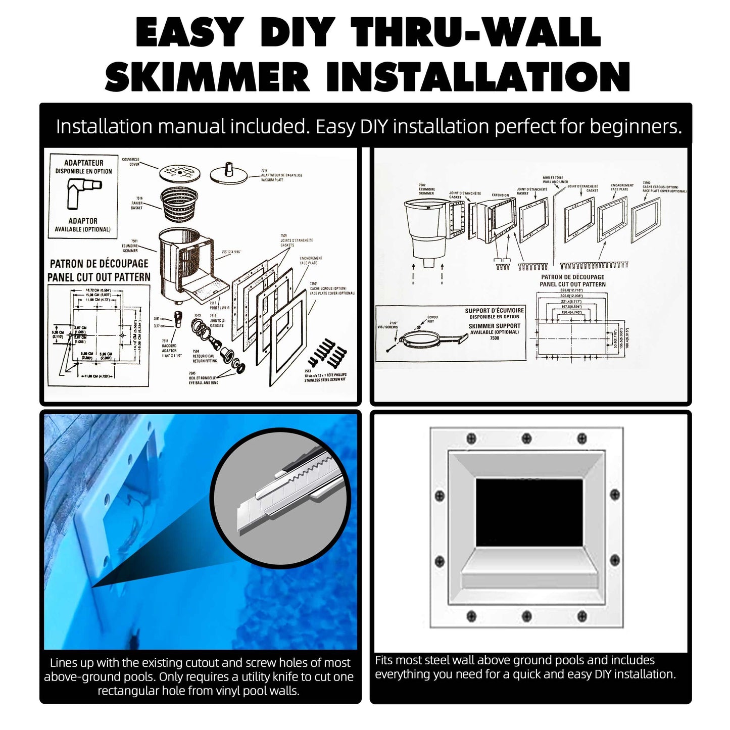 TonGass (Complete Set Universal Fit Above Ground Pool Skimmers (White) Pool Skimmer Accessory Kit ABS Plastic Thru-Wall Skimmer with Accessories Opening Width 6" Fits All Standard Pools Wall Cutouts