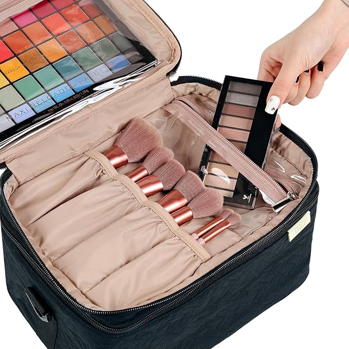 NISHEL Extra Large Double Layer Travel Makeup Bag Women, Cosmetic Organizer Case, Essentials Accessories with Shoulder Strap for Bottles, Brushes, Conditioner, Skin Care Products, Black
