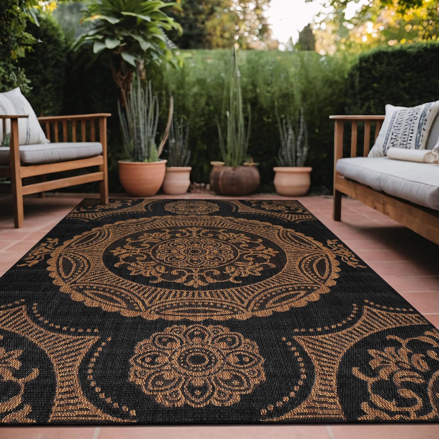 LuuL Home Medallion Outdoor Rug 10x14 Washable Outside Carpet for Indoor Patio Porch Waterproof Easy Cleaning Non Shedding Area Rugs Nut Brown 10 x 14