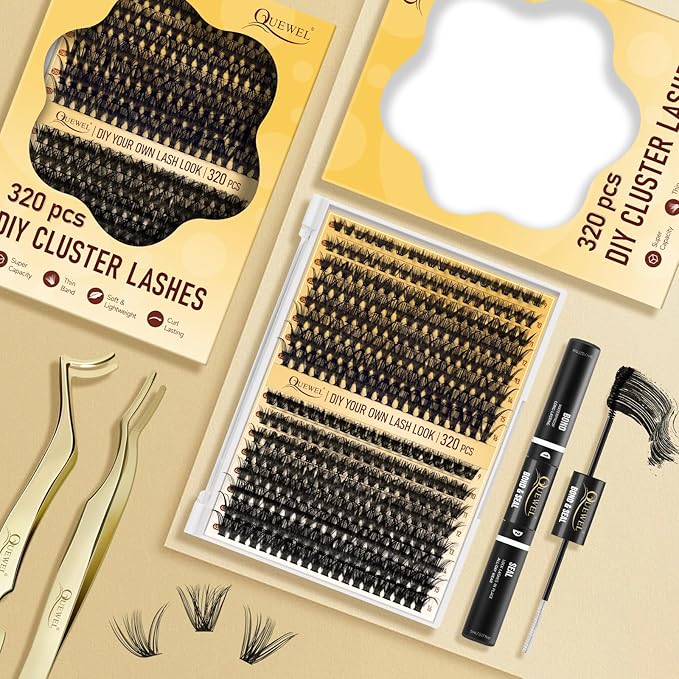 QUEWEL Lash Clusters 320Pcs Cluster Lashes 35D+45D C Curl Lash Cluster Eyelash Extensions Mix9-16mm Individual Eyelashes Clusters Wispy Lash Clusters Thin Band Soft to Use at Home(35D+45D C Mix9-16)