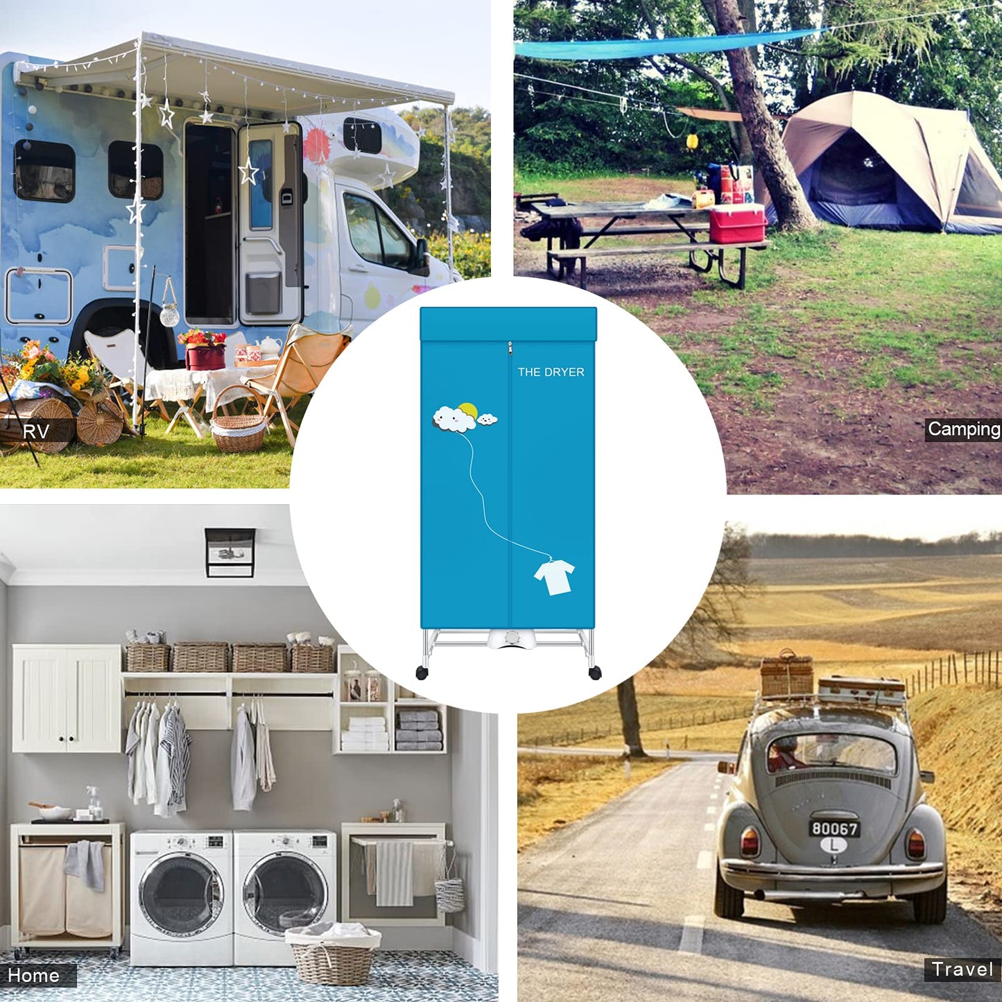 XIAQING Portable Dryer, 110V 1000W Electric Clothes Dryer Machine, Double Layer Stackable, Stainless Steel, Blue, 15kg Capacity, Front Load, Ideal for Apartments, RV, Families, Campers