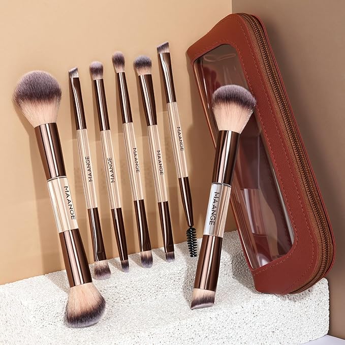 MAANGE 7 PCS Foundation Makeup Brush Set With Bag, Make up Brushes, Eyeshadow Concealer Brush, Double-ended Foundation Contour Powder Blush, Professional Face brush Set Tools For Liquid,Cream (White)