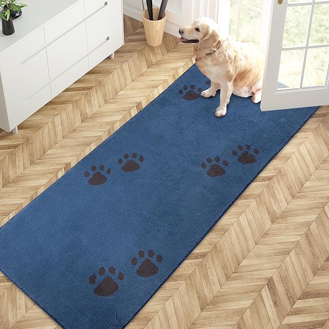 PURRUGS Dirt Trapping Door Mat 32" x 70", Non-Skid/Slip Machine Washable Microfiber Entrance Rug, Shoes Scraper, Dog Doormat, Super Absorbent Floor Mat for Muddy Wet Shoes and Paws, Blue