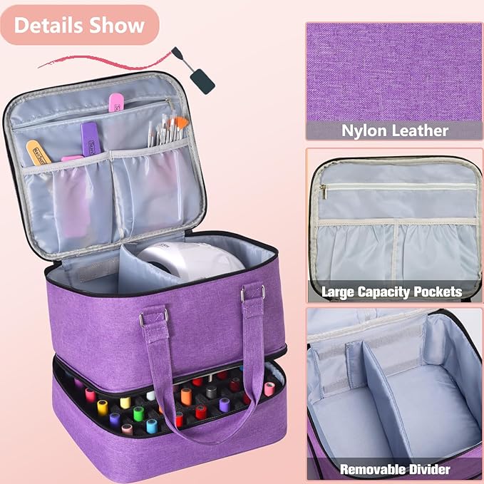 Nail Polish Organizer Case - Holds 42+ Bottles (15ml/0.5 fl.oz) and 1 Nail Lamp, Upgraded Double-layer Nail Polish Carrying Case Nail Polish Storage Bag with Handles (Purple)
