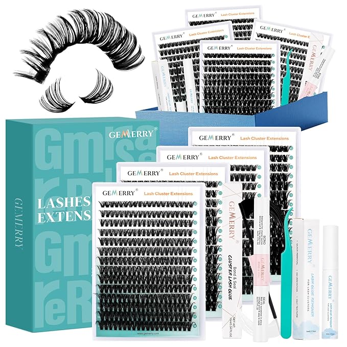 GEMERRY Lashes Clusters Kit Thick Lash Clusters 4 Styles 882Pcs Fluffy Lash Clusters Kit with Waterproof Bond and Seal Remover Tweezers for Beginners（60P+80P+100P+200P）