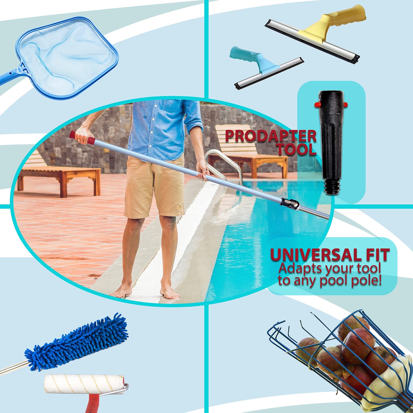 SKIMLITE MANUFACTURING Snaplite Telescopic Pool Pole 16 Ft Adjustable Cleaning Poles Push Button Lock Light Weight Easy Grip, Includes Universal Threaded Adapter for Skimmer Net Brush Vacuum Head