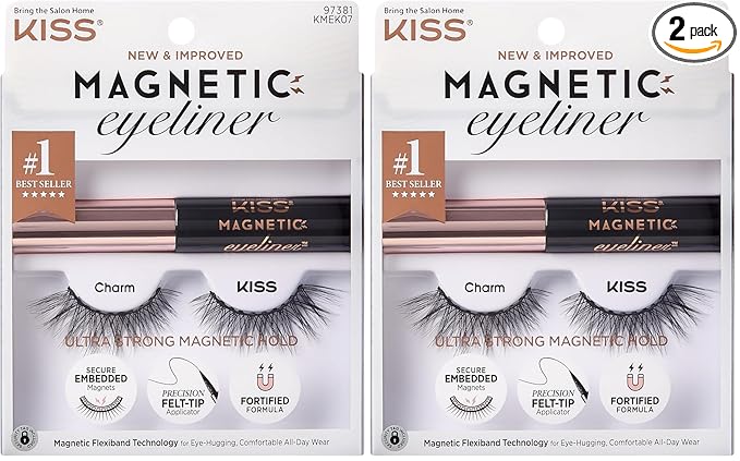 KISS Magnetic False Eyelashes and Eyeliner, ‘Charm’, 12mm, Easy to Apply, Reusable, No Glue, Flexible Band, Precision Felt Tip, Fortified Formula, 1 Pair Strip Lashes (Pack of 2)