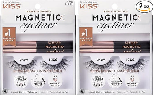 KISS Magnetic False Eyelashes and Eyeliner, ‘Charm’, 12mm, Easy to Apply, Reusable, No Glue, Flexible Band, Precision Felt Tip, Fortified Formula, 1 Pair Strip Lashes (Pack of 2)