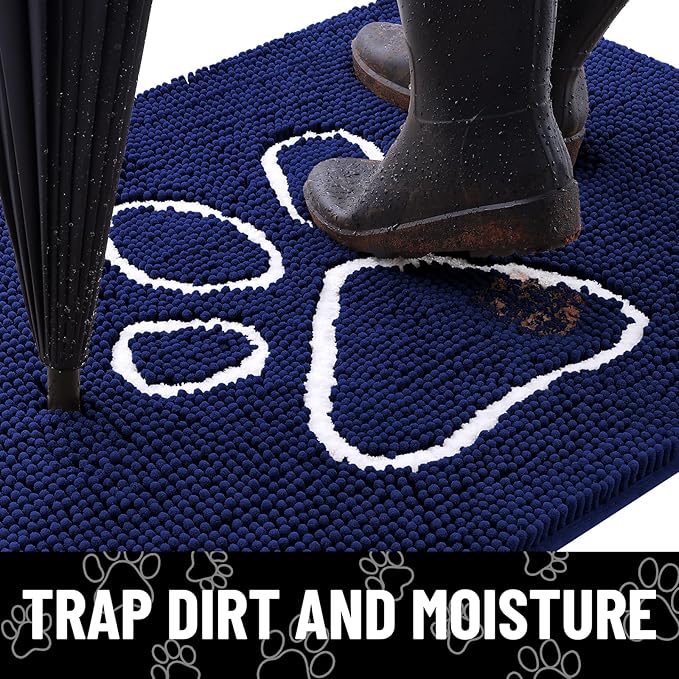Smiry Dog Door Mat for Muddy Paws, Absorbent Dirt Trapper Non Slip Quick Dry Washable Chenille Mat for Mud Dogs, Entry Rug for Indoor and Outdoor (36x24 Inches, Navy Blue and White)