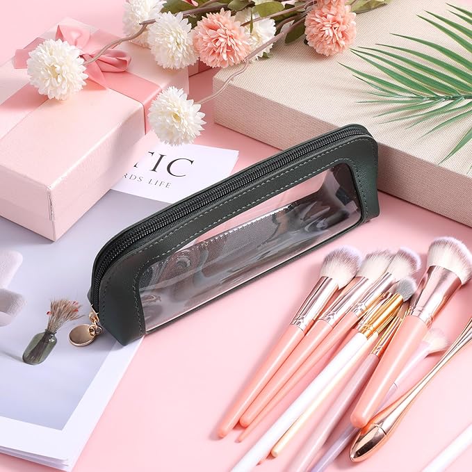 Small Clear Makeup Bag, PU Leather Travel Makeup Brush Pouch Portable Transparent Waterproof Cosmetic Organizer Pouch with Zipper for Women Home Travel Office Cosmetic Storage (Dark Green)