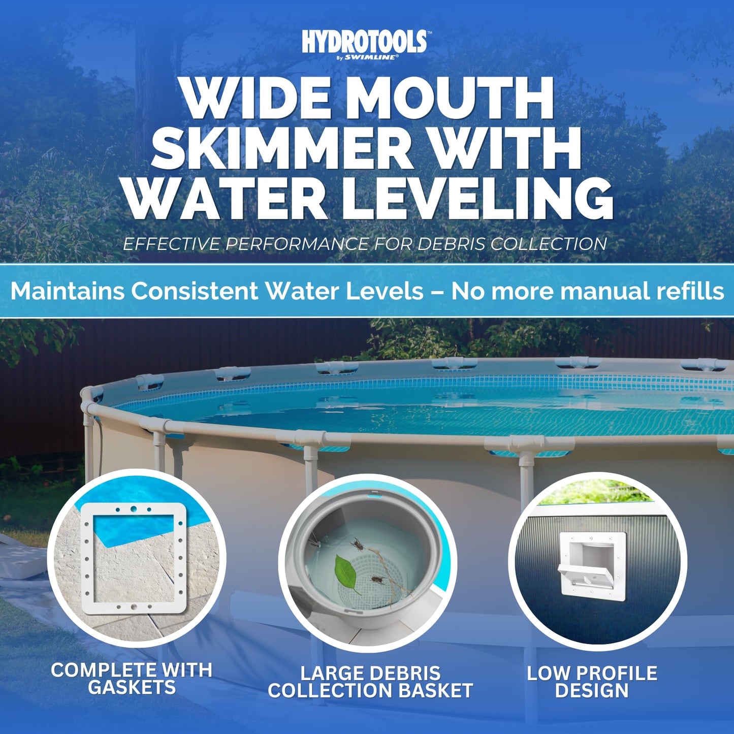 SWIMLINE HYDROTOOLS Standard Thru-Wall Above Ground Pool Skimmer Kit With WATER LEVELING SYSTEM | ABS Construction | Large Debris Basket| Snap-In & Removable Weir | Above Ground Pool Skimmer | Skimmer