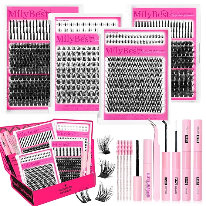 MilyBest Lash Clusters Kit with Spikes/Bottom Lashes Clusters 792Pcs Wispy DIY Lash Cluster Kit 4 Styles Curl Individual Eyelashes Pack with 2 Bond&Seal Volume Bulk Cluster Eyelash Extensions Kit