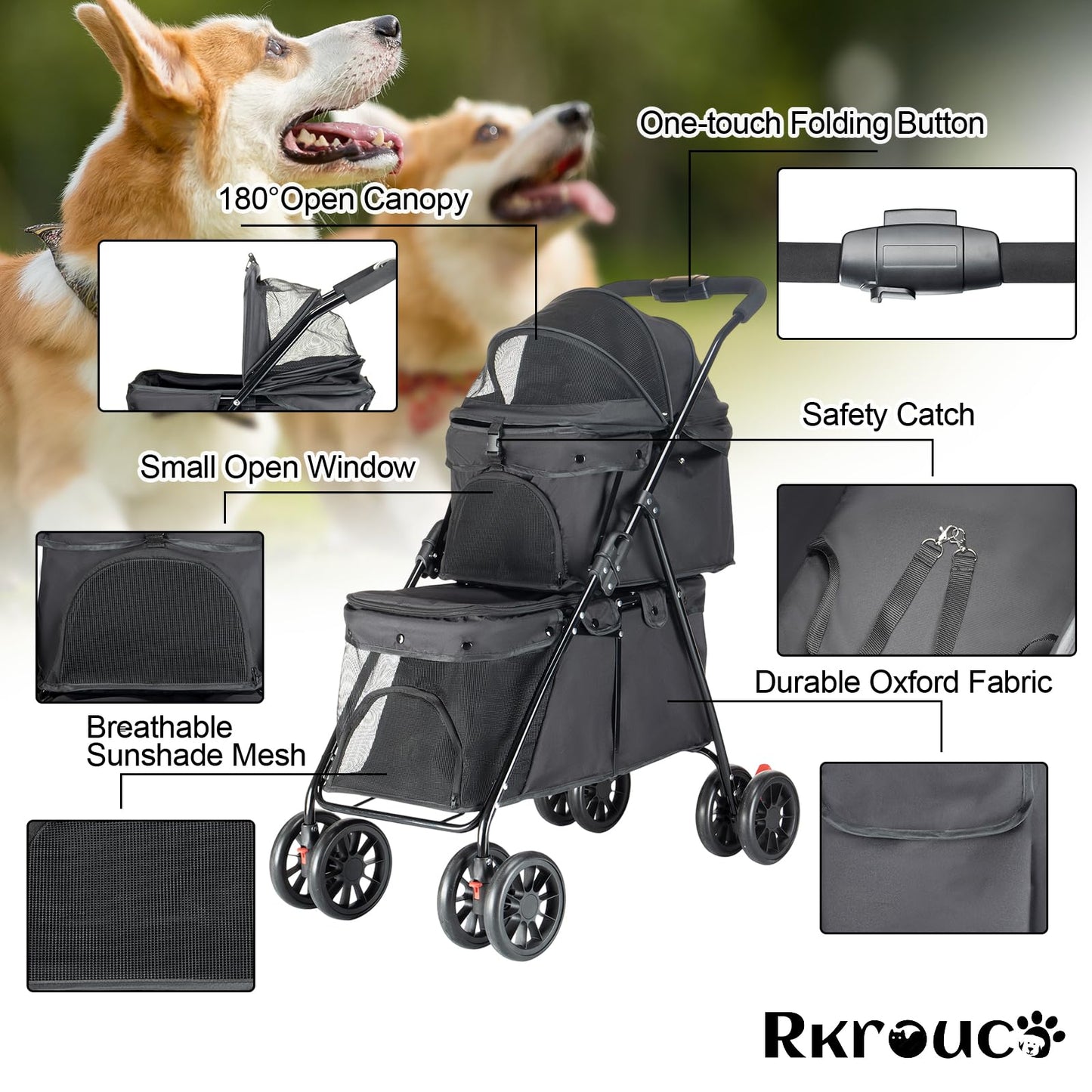 Double Pet Stroller for Medium Small Dogs and Cats with 2 Carriage, Durable Universal Wheels with Brakes Lightweight One Hand Foldale Kittens Puppies Travel Strolling Cart (Black)