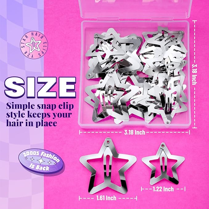 YGDZ Star Hair Clips and Barrettes Set - 20 pcs 1.22" Y2K Hair Accessories, 10 pcs 1.61" Silver Clips for Girls Women, Rave Accessories, Non-Slip Metal Snap Hair Clips