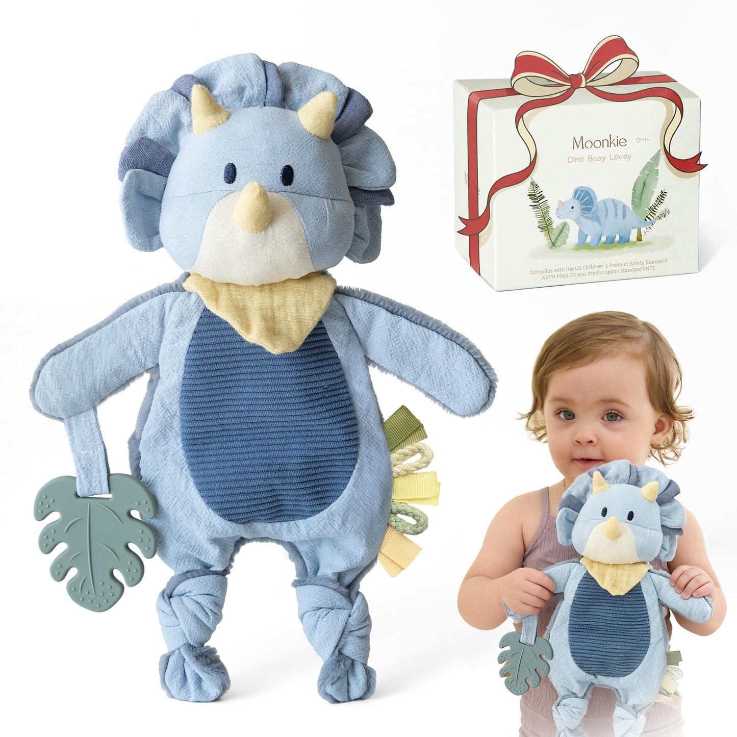 Moonkie Baby Lovey with Silicone Teether, Dinosaur Security Blanket with Textured Ribbons, Crinkle Toys, Soft Minky Velour & Natural Cotton, Newborn Boys Gifts for Baby Shower & Birthday