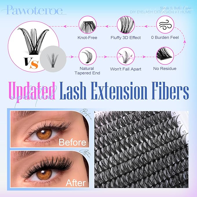 Pawotence Lash Clusters 200pcs Individual Lashes 50D Cluster Eyelash Extensions 9-16mm Eyelash Clusters Lash Extensions for Self Application (50D, 0.07D, 9-16mm Refill)