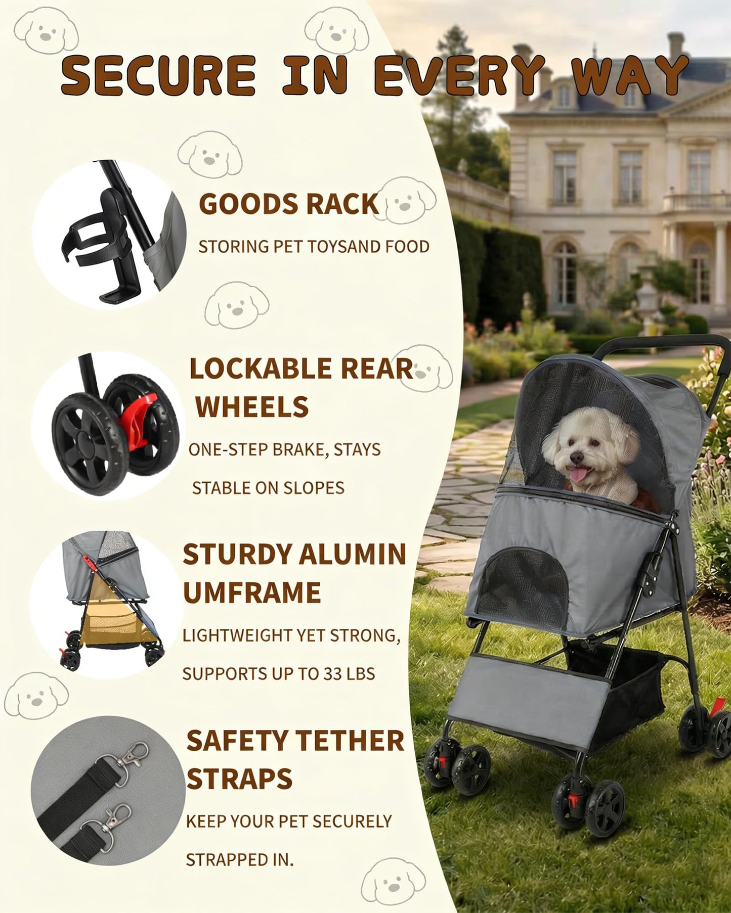 Pet Stroller for Small Medium Dogs Cats - Lightweight 10lbs Foldable Dog Stroller, Breathable Mesh & Safety Tether, 33lbs Capacity with Locking Wheels, Storage Basket for Outdoor Walks-Gray