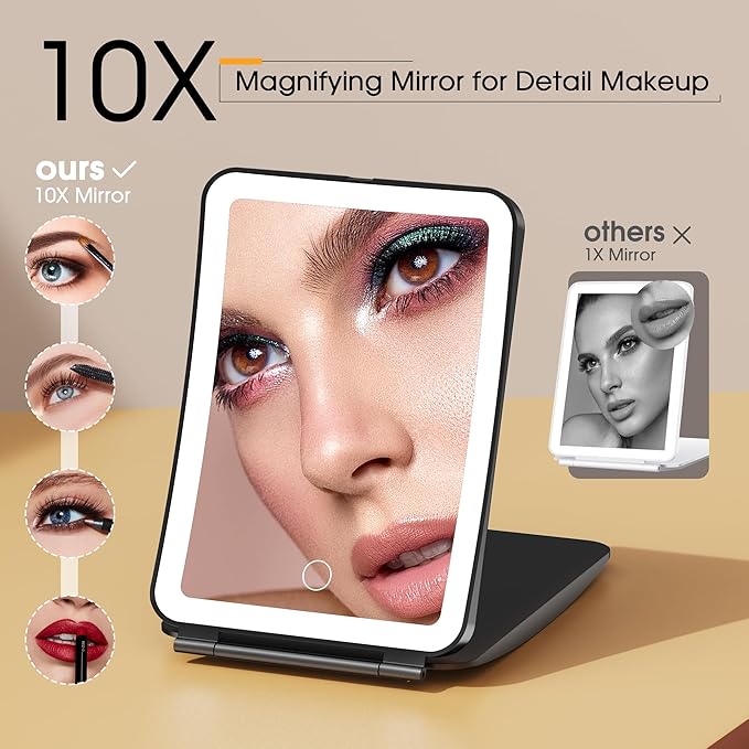Travel Makeup Mirror with Lights and Magnification, 10X/1X Magnifying Vanity Mirror with 3 Colors & Brightness Adjustable, 2000 mAh Rechargeable Lighted Compact Mirror, Women Gift (Black)