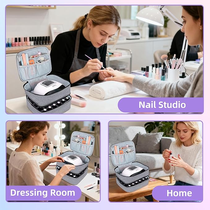 Nail Polish Organizer Holds 30 Bottles (15ml - 0.5 fl.oz) Double-layer Gel Nail Polish Kit Carrying Case, Nail Holder for Nail Lamp, Portable Nail Organizer and Storage for Nail Supplies (Gray)