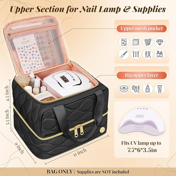 YOREPEK Nail Polish Organizer Holds 42+ Bottles (15ml/0.5 fl.oz), 2-Layer Nail Travel Case with Compartments for Nail Stuff, Nail Tech Organizers and Storage for Supplies, Gift for Manicurist, Black