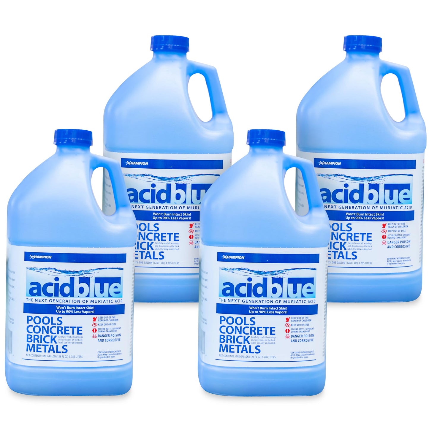 CPDI Champion 4-Pack Acidblue Muriatic Acid for Swimming Pools & Spas, 1 Gallon Each - Low-Fume pH Stabilizer & Cleaner for Concrete & Masonry Surfaces, Clears Rust & Scale Build-Up