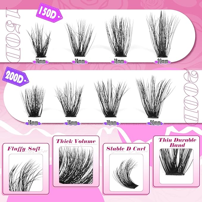 Yawamica Wispy Individual Lashes Clusters Fluffier Eyelash Extension 150D+200D Thick Volume Eyelash Clusters 14-20mm D Curly Lashes 240pcs DIY Lash Extension for Beginners, Black
