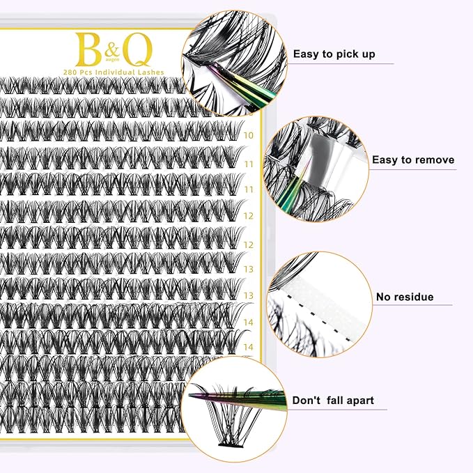 B&Q Lash Clusters 280PCS Natural Eyelash Clusters 40D D 14mm Individual Lash Wispy Eyelash Extension with Soft Thin Band Classic Look Pestañas Postizas Comfortable DIY at Home(40D-D-14mm)