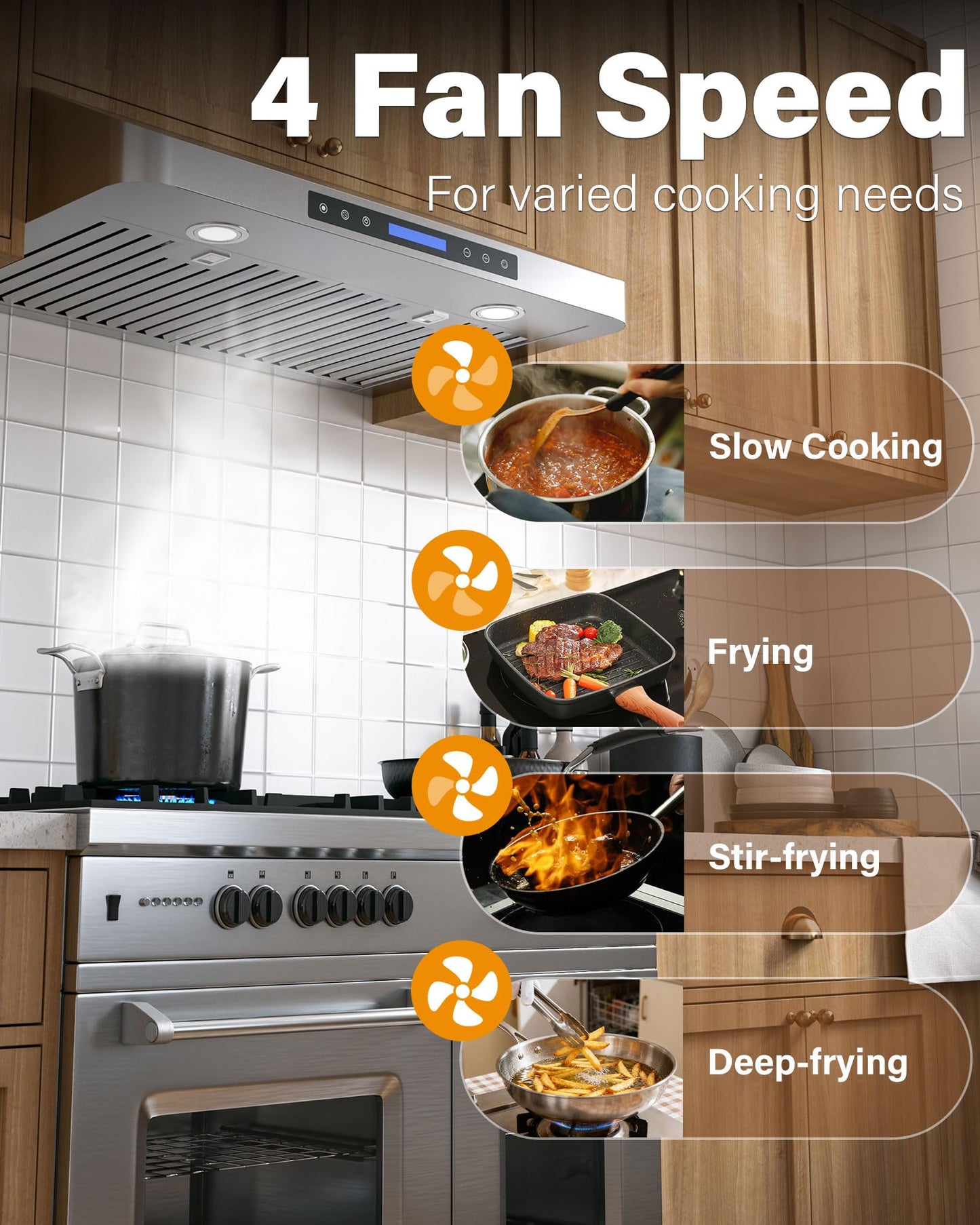 FlyPine 30 inch Stainless Steel Under Cabinet Range Hood - 900 CFM, Ultra-Quiet 4-Speed Vent, Touch/Remote Control LCD, LED Lights, External Venting