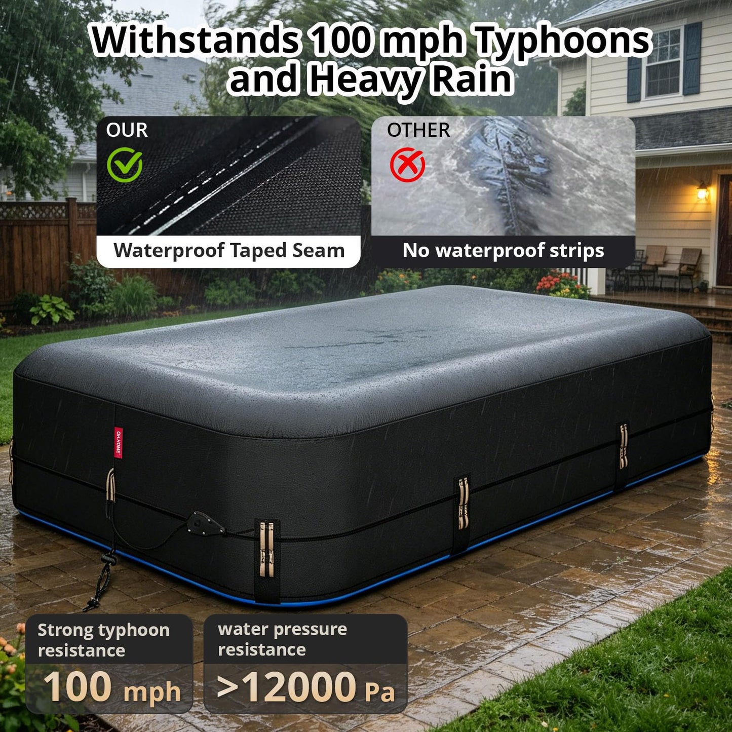 QH.HOME 120"x72" Rectangular Pool Cover for Inflatable Pool,Fits Blow Up Pool Size 10' x 6', Blocks Leaves & Sun, Windproof Snug Fit with Patented Ratchet & Weight Rings to Prevent Slipping