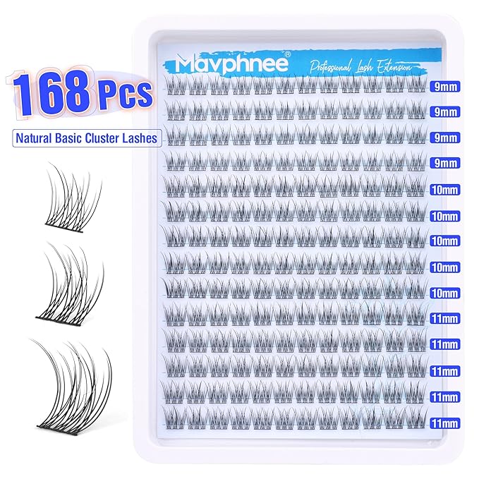 Natural Cluster Lashes Kit 168 Pcs Wispy Lash Extensions CC-Curly 9-11MM Mixed Lengths Eyelash Extension Individual Kit with Lashes Bond and Seal and Tweezers DIY at Home by Mavphnee