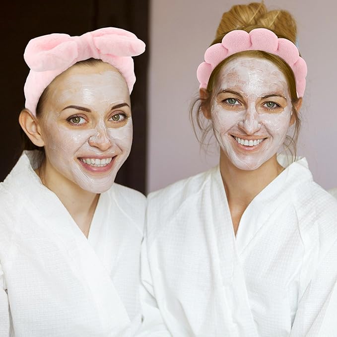 AOPRIE SPA Headbands for Washing Face Makeup Headbands with Bow Hair Band Women Facial Head Band Wrist Towel Wraps For Shower Face Mask Pink Style Pink, 6 Pack