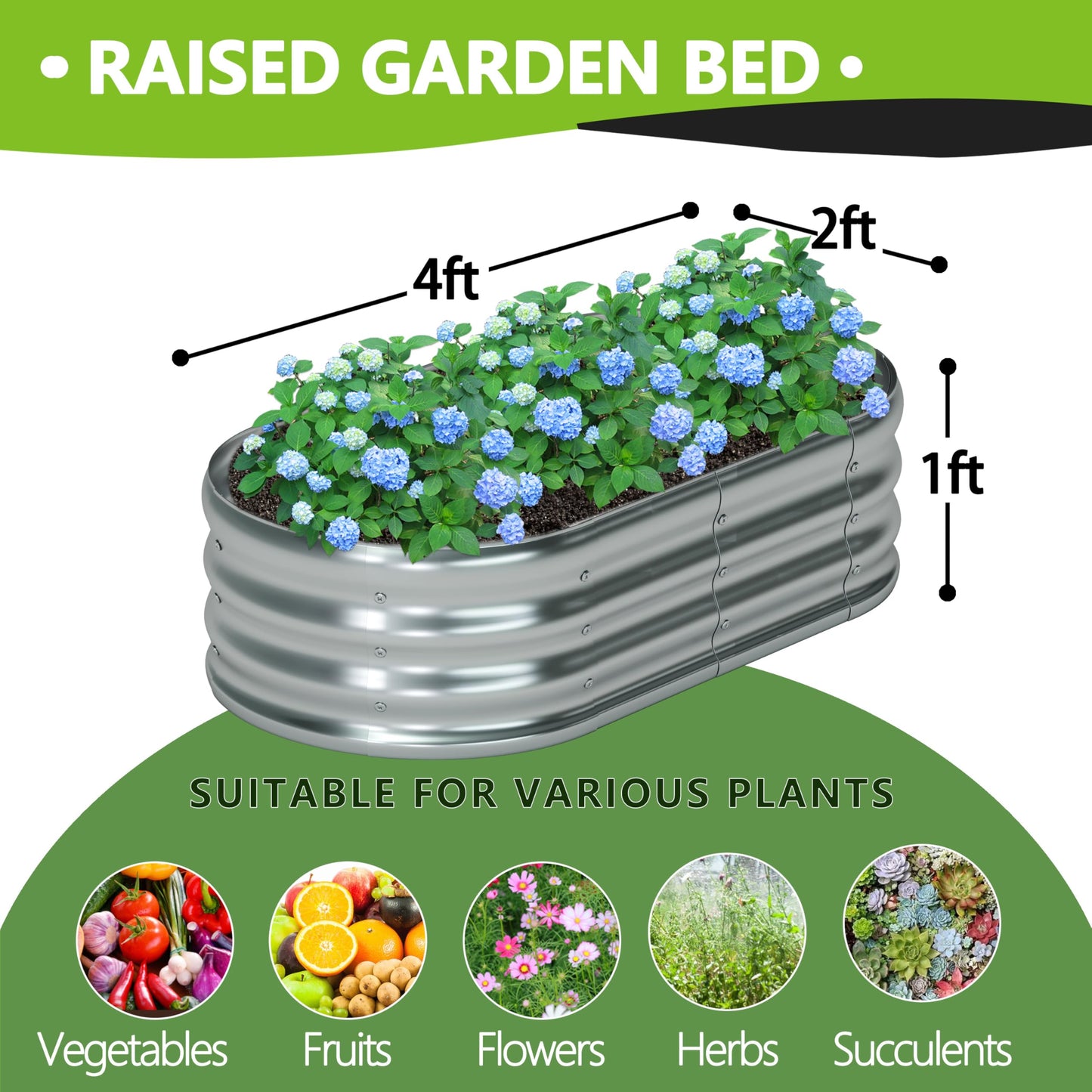 Foxlang 4x2x1ft(2 Pack) Galvanized Oval Raised Garden Bed,Outdoor Planter Box Metal Patio Kit Planting Bed for Vegetables Flowers Herb,Silver
