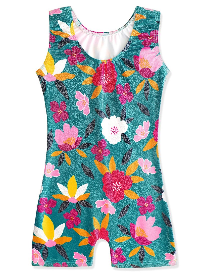 HOZIY Green Girl Gymnastics Leotard with Shorts for Kids Leo Size 8-9 9-10 8-10 Year Old White Pink Flower Floral Tumbling Outfits Biketard Shiny Sparkly Leotards for Girls Gymnastics Size 8-10