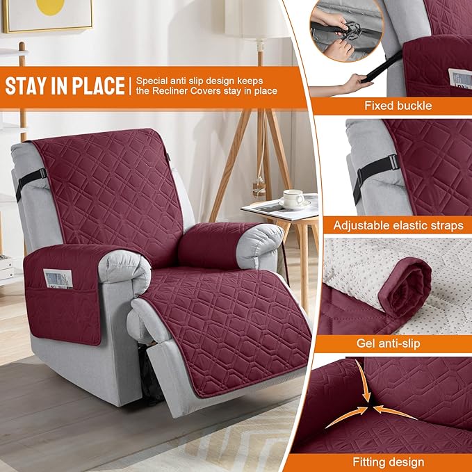 VANSOFY 100% Waterproof Recliner Chair Covers, Recliner Cover Non-Slip Dog Chair Cover Furniture Protector Washable Slipcover with Pocket, Elastic Straps for Pets, Dogs(Burgundy, 20")