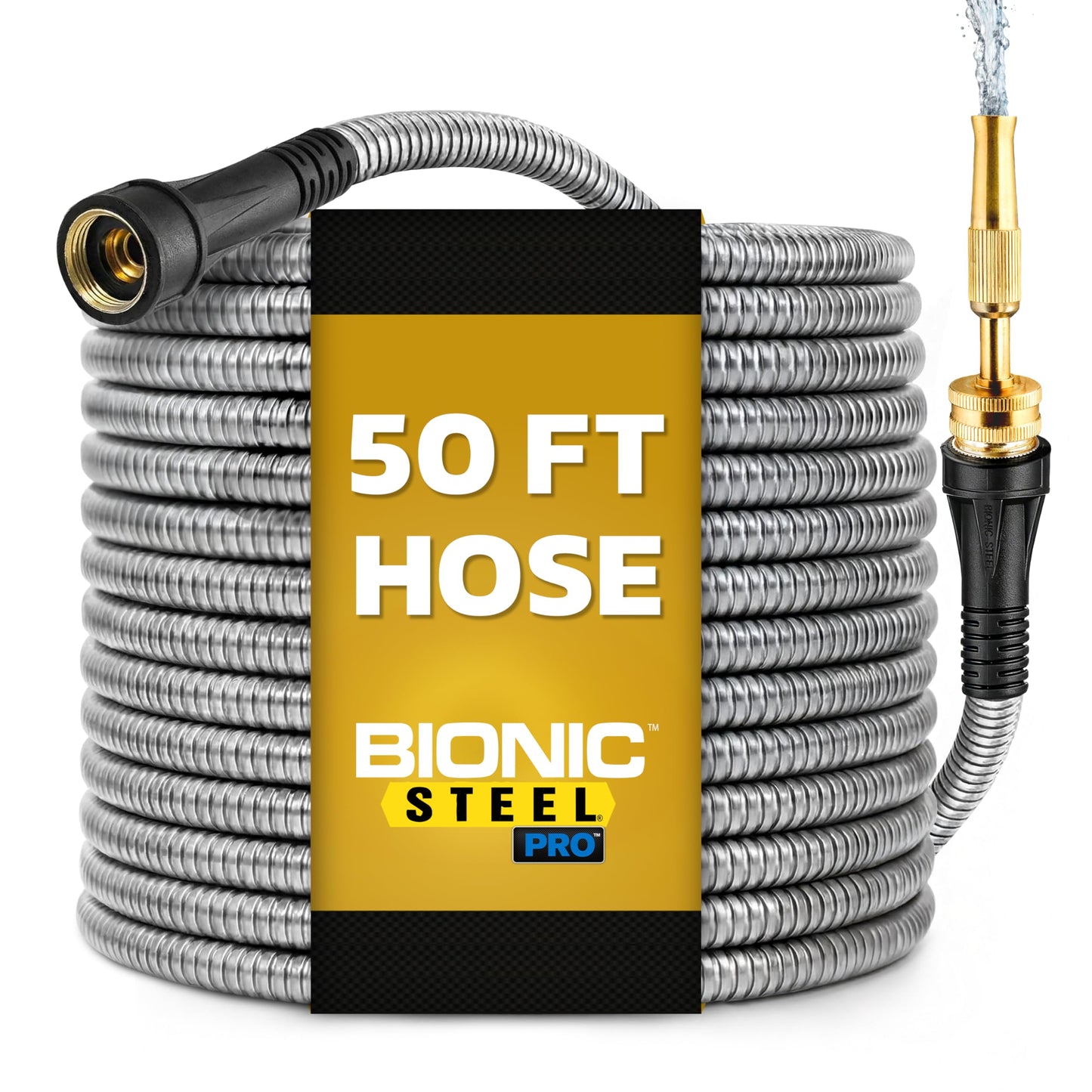 Bionic Steel PRO 50 Ft Metal Garden Hose with Nozzle, Water Hose Made from Heavy Duty 304 Stainless Steel, Flexible, Lightweight, Brass Fittings, Non Kinking, 500 PSI