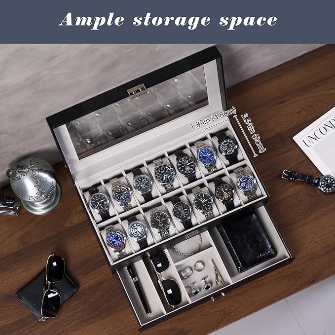 ProCase Watch Box, 14 Slot Mens Watch Case With Drawer, 2-Layer Watch Display Case With Glass Lid, Mens Jewelry Box Storage Holder Organizer, Birthday Valentine Gifts for Men -14Slot, Black