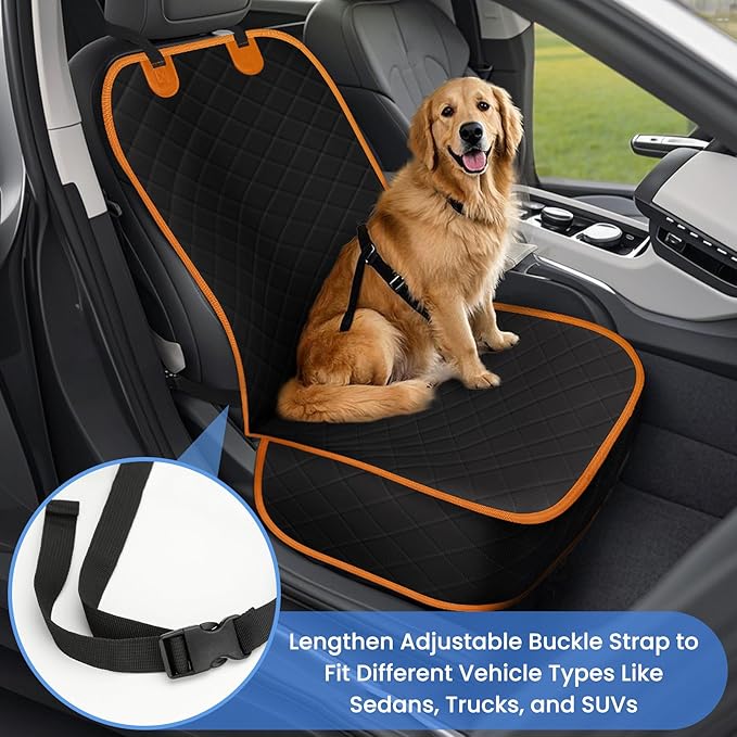 Dog Car Seat Covers, Waterproof Front Seat Cover for Dogs, Scratch-Proof, Nonslip Pet Passenger Seat Cover Protector, Universal Fit for Cars Trucks SUVs, Standard Size, Black with Orange
