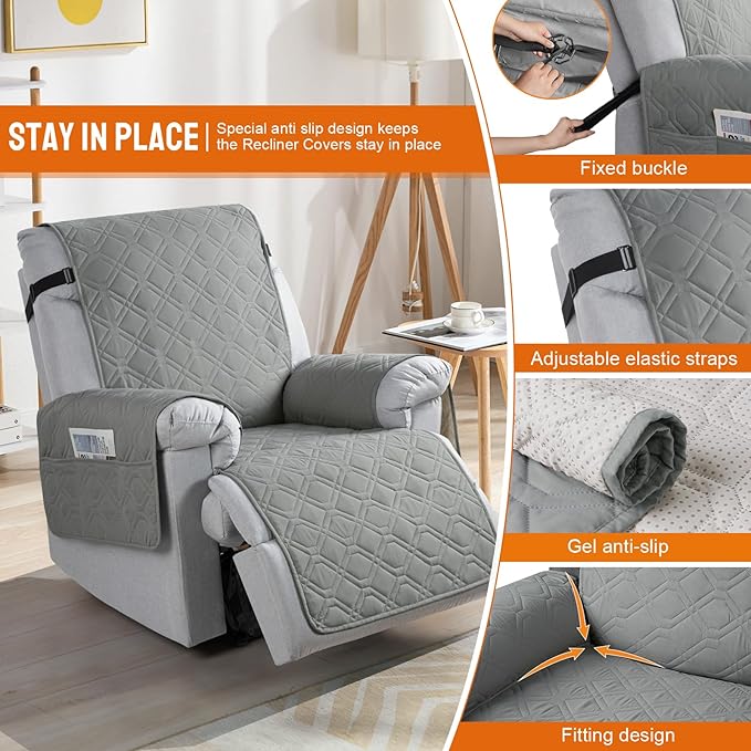 VANSOFY 100% Waterproof Recliner Chair Covers, Recliner Cover Non-Slip Dog Chair Cover Furniture Protector Washable Slipcover with Pocket, Elastic Straps for Pets, Dogs(Gray, 23.6")