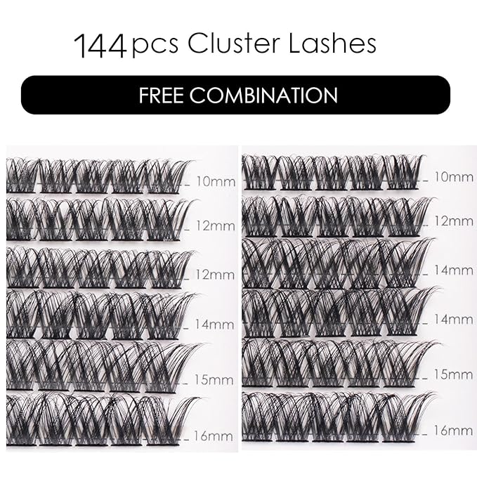 Lash Clusters 144 Pcs Individual Lashes Clusters Eyelash Extensions False Eyelashes DIY Lash Extension Reusable False Eyelashes Natural Look Mix 10-16mm-DM01