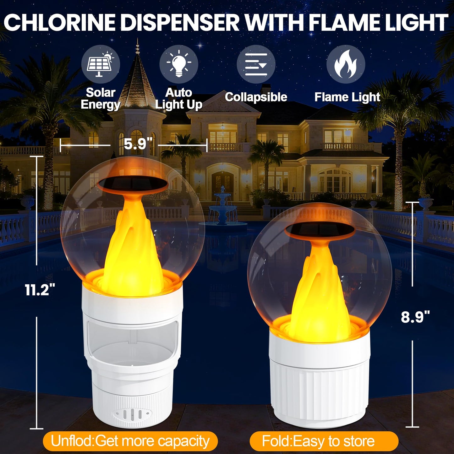 ChlorBlu Solar Chlorine Floater,Chlorine Floater with Solar Flame Light,Adjustable Release Floating Chlorine Dispenser for Pool,Large Capacity Pool Chlorine Floater,Chlorine Floater for Hot Tub(White)