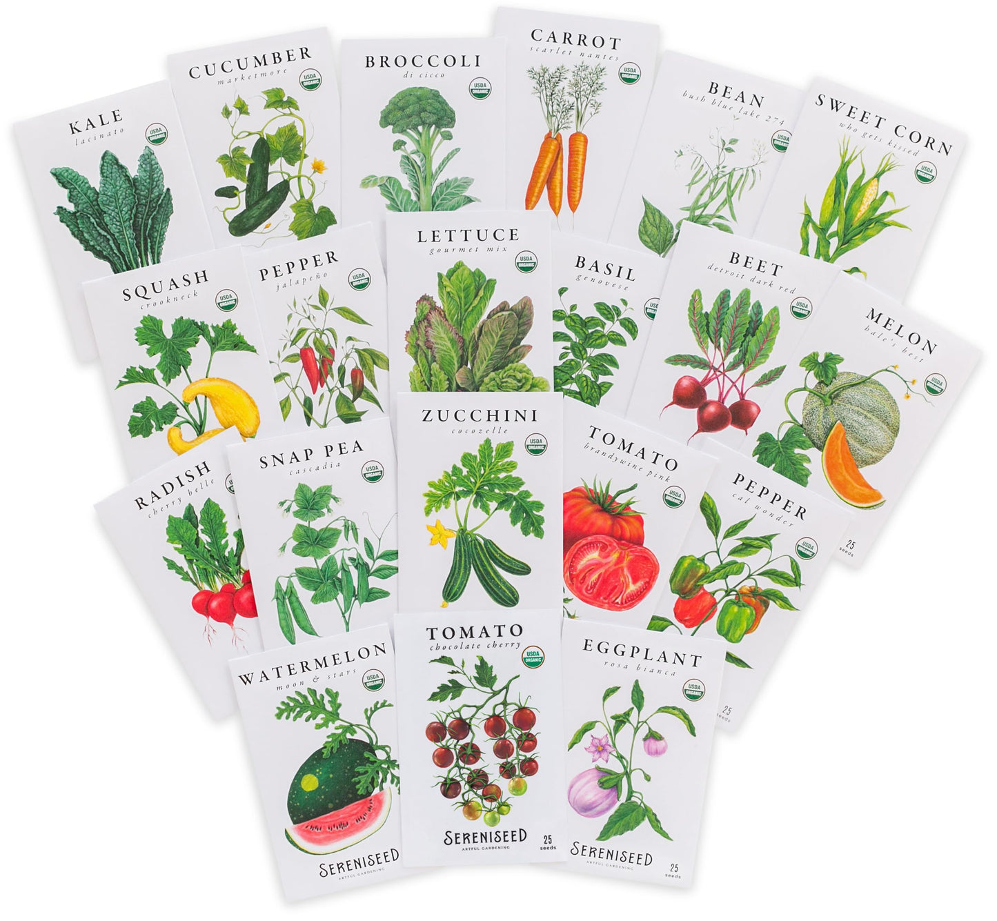 Sereniseed Certified Organic Vegetable Seeds (20-Pack) â Non GMO, Open Pollinated - Basil, Snap Pea, Broccoli, Bean, Jalapeno, Tomato, Lettuce, Cucumber, Carrot, Zucchini Seeds for Planting