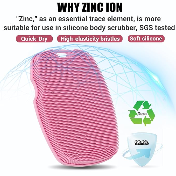 Canroom Silicone Body Scrubber - Anti Zinc Infused-Highly Elastic Bristles Exfoliating Body Scrubber for Shower Body,Cellulite Reduction,Blood Circulation - Pink