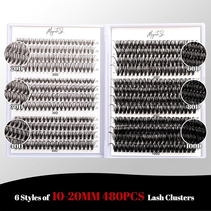 Lash Clusters 480 Clusters 10-20mm False Eyelash 60D 80D 100D Thick Eyelash Extension 20D 30D 40D Individual Eyelashes Multi-Style DIY Lash Extensions for Beginners(20D-100D-D, 10-20MIX)