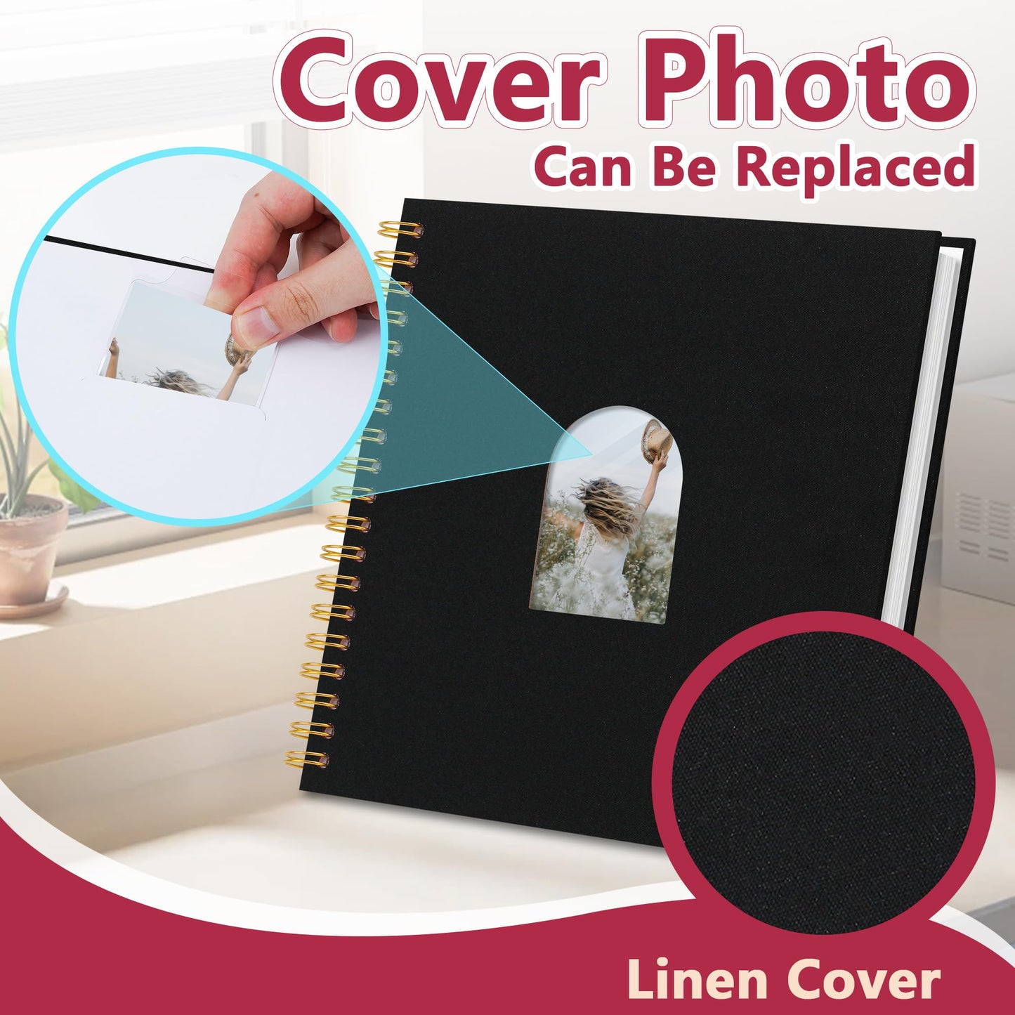 Vienrose 10X10 Inch DIY Scrapbook Album Linen Arch Window Photo Album 40 Blank Pages Scrap Book Photo Albums for Wedding Baby Shower, Black
