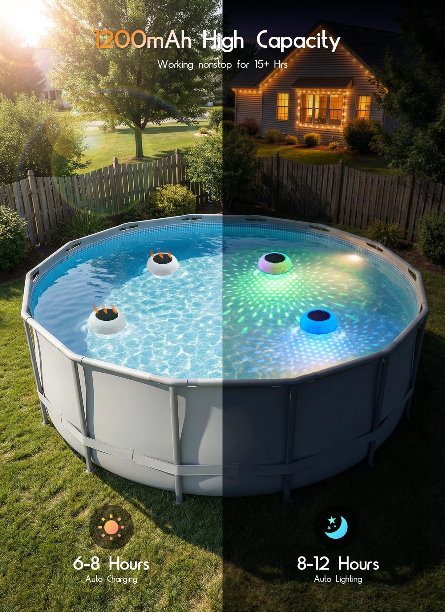 2 in 1 Floating-Pool-Lights-Solar-Powered with Chlorine-Floater, RGBWW-Solar-Pool-Light-Chlorine-Dispenser with 20+ Light Effects, Remote Control, IP68 Waterproof Light for Pools, Hot Tubs, Parties