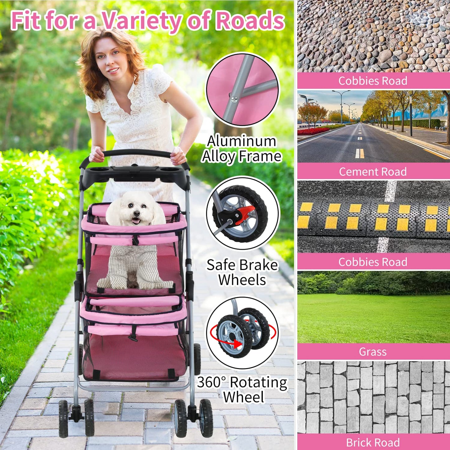 Dog Stroller 4 Wheels Cat Stroller Double Layer Pet Strollers Pet Carriers Jogger Strollers for Medium Dogs Cats Travel Camping Strolling Cart with Cup Holder Removable Liner, Pink