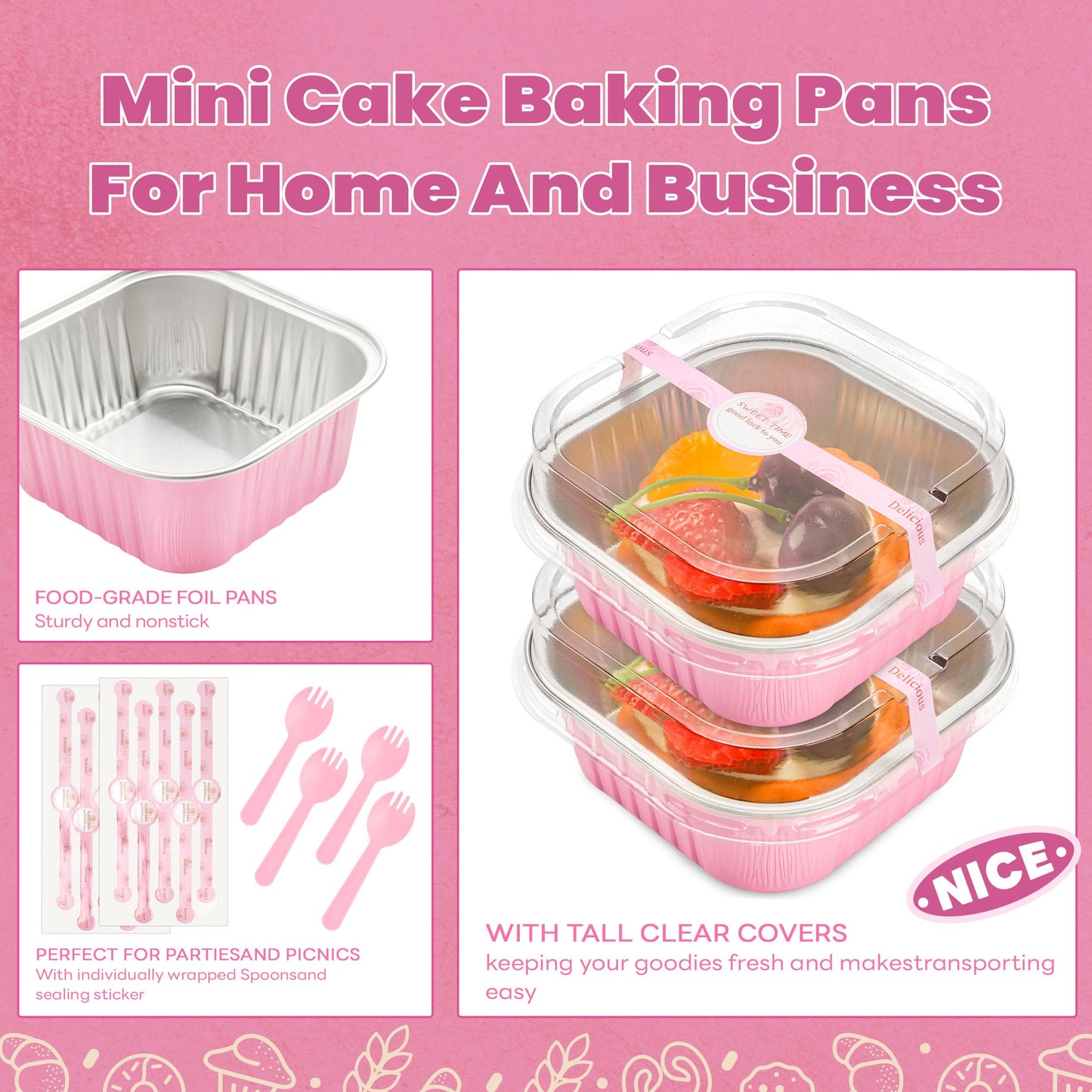 NPLUX 50 Pcs Mini Square Baking Cups with Lids and Spoons Aluminum Foil Mini Cake Pans with Lids Disposable Ramekins Cake Pans Dessert Cups for Wedding Birthday Party(Pink,10oz)
