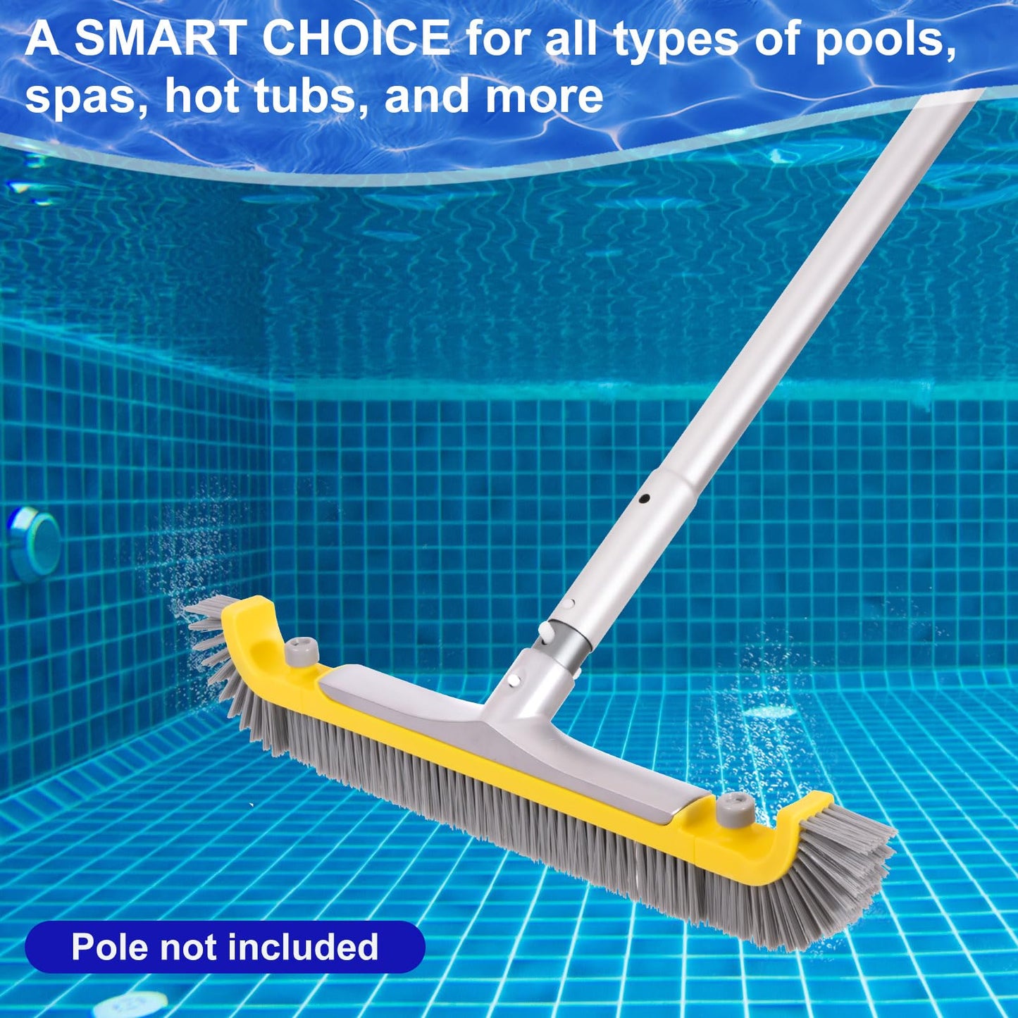 POOLAZA 20'' Pool Brush, Heavy Duty Pool Brushes for Cleaning Pool Walls & Floors, Premium Pool Brush Head for Inground Pools with BPT Bristles & EZ Clip, Curved Ends High-Efficiency Pool Scrub Brush